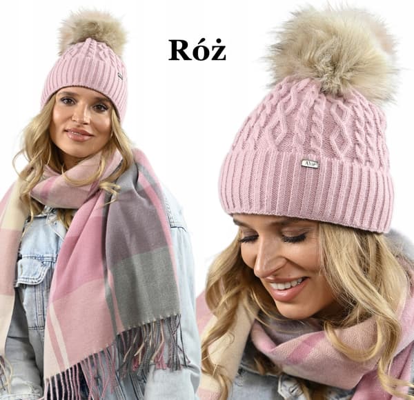 Damvintermössa i rosa med pompom, varm fleecemössa PL