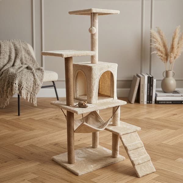 Kradsetræ til katte, hus med legetøj, høj, 6 niveauer, seng, Comfort Line beige