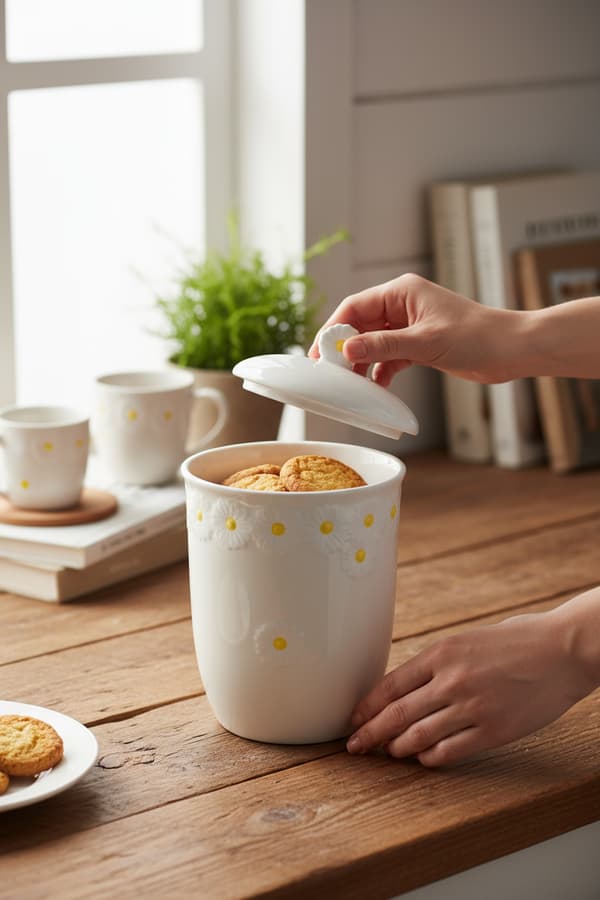 KERAMISK MADORGANIZERBEHOLDER TIL LØSE GENSTANDE 16 CM DAISY LINE