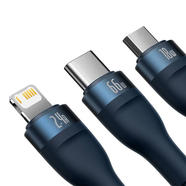 Baseus Flash Series 3-i-1 USB-kabel, USB-C + micro-USB + Lightning, 66W, 1,2m (blå)