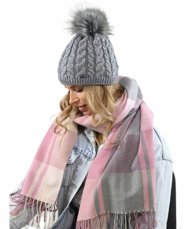 VARM damvintermössa med pompom, fleecefodrad beanie grå UNI