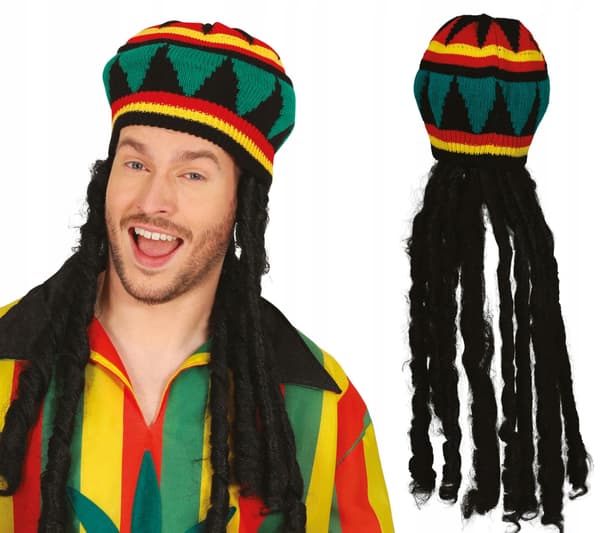 RASTA HÆTTE Farverig med sorte DREADLOCKS Reggae Jamaicansk Karnevalskostume