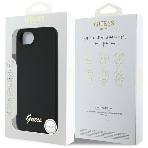 Guess Silikone-cover med metalskrift og MagSafe-logo til iPhone 16e, sort