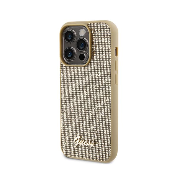 Guess Disco Metal Script - iPhone 15 Pro -suojakuori (kulta)