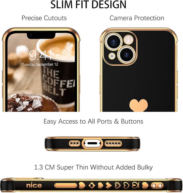 APPLE IPHONE 13 6,1" ETUI SILIKONE SORT GYLDEN HJERTE TILBEHØR A2482