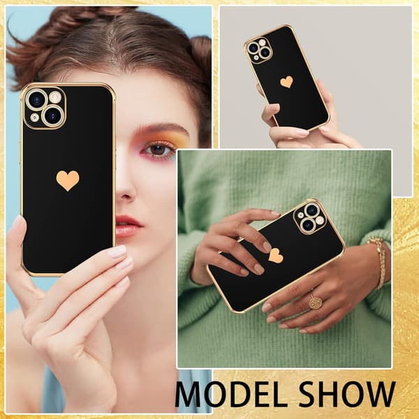 APPLE IPHONE 13 6,1" ETUI SILIKONE SORT GYLDEN HJERTE TILBEHØR A2482
