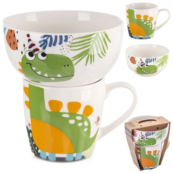 Porcelæns kop med skål til barn dinosaur 2 dele