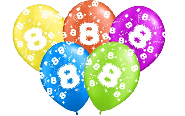Trykte balloner til 8 års fødselsdag 8 - 5 stk.