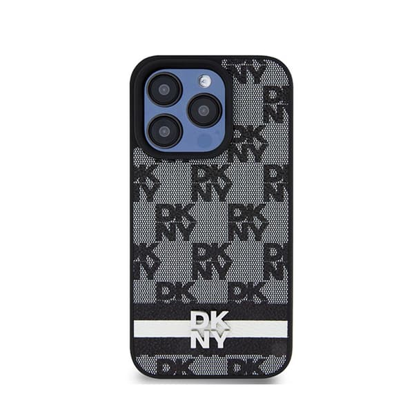 DKNY Læder Ternet Mono Mønster & Trykte Striber - iPhone 15 Pro Etui (Sort)
