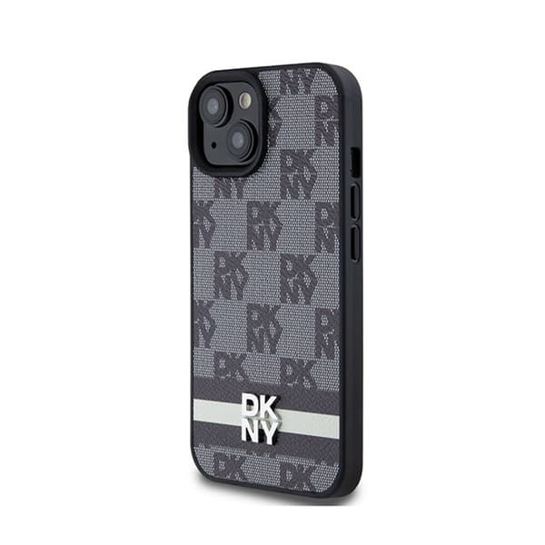 DKNY Læder Ternet Mono Mønster & Trykte Striber - iPhone 15 Plus / 14 Plus Etui (Sort)