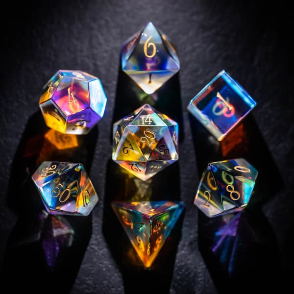 RPG-tärningar i färgat glas, 7 kristalltärningar