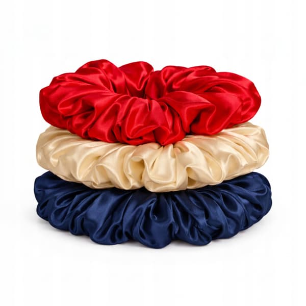 Sæt med 3 hårelastikker, satin elastik, 10 cm, rød, beige, marineblå