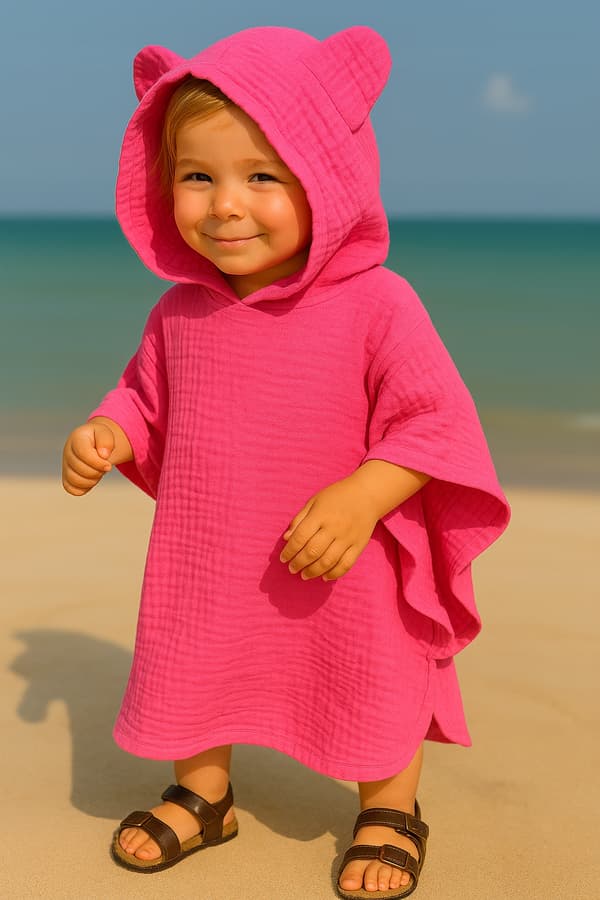 Barnens muslinkappa 86-104 strandponcho amarant