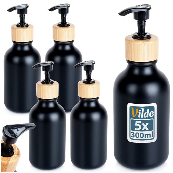 Dispenseflaskor set med pump för schampo, duschgel, tvål svart 300 ml 5-pack