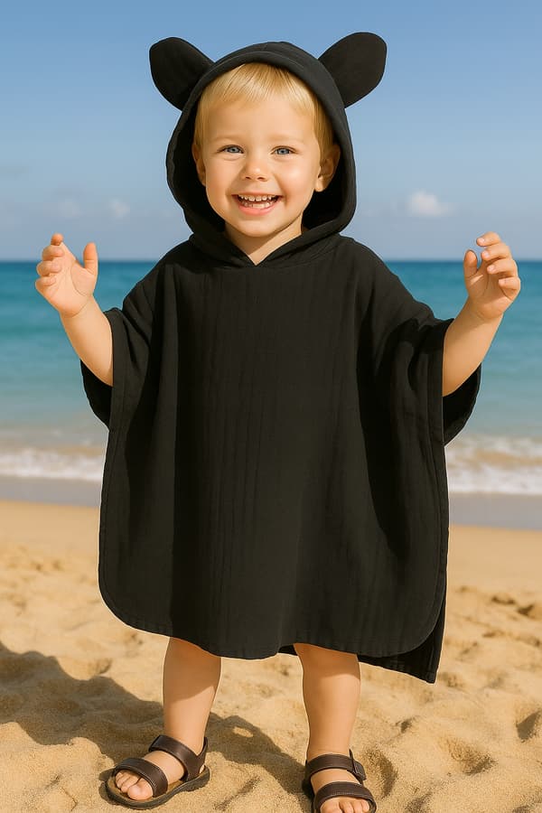 Børne MUSLIN KAP 110-116 PONCHO til børn til stranden SORT