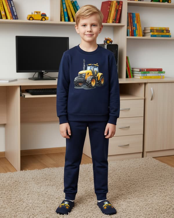 BARNPYJAMAS 134 för POJKAR 100% bomull TRAKTOR-tryck marinblå
