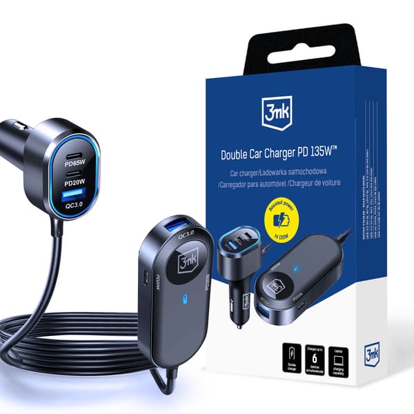 3mk Dobbelt Biloplader 135W PD QC PPS USB 2A4C Sort/Grå