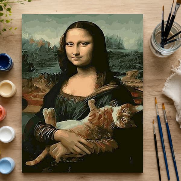Mal efter nummer billede med ramme 50x70 Mona Lisa med kat