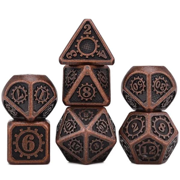 Steampunk RPG-tärningar i set med 7 metalltärningar