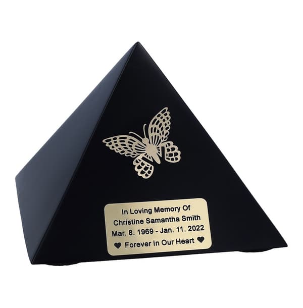 Mini Kremeringsurne Pyramide for Aske, Mango Træ, Sort, med Plads til Personalisering Sort mindeurne pyramide af mango træ, til en del af asken