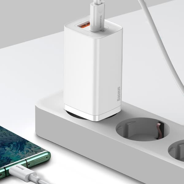 Baseus GaN2 Lite vægoplader, USB + USB-C, 65W, EU (hvid)