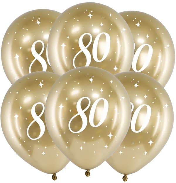 80-års fødselsdagsballoner Eighty guld blank krom fest 6 stk.