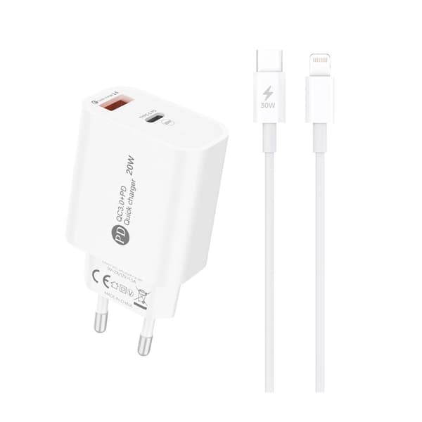 A6MaxL 20W USB-A USB-C vægoplader med 1m USB-C - Lightning-kabel - Hvid