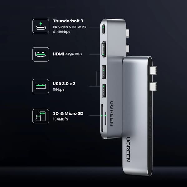 HUB Ugreen CM380 2xUSB C - HDMI/2xUSB 3.0/SDTF/USB C PD - grå