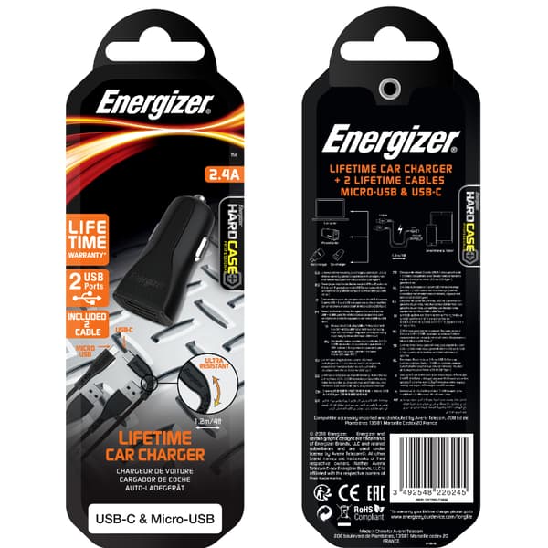 Energizer HardCase - Autolaturi 2x USB-A 2.4A + USB-C & Micro USB -kaapeli (Musta)
