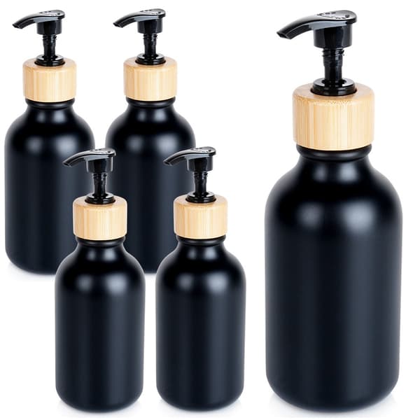 Dispenseflaskor set med pump för schampo, duschgel, tvål svart 300 ml 5-pack