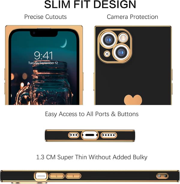 APPLE IPHONE 13 ETUI LYS SILIKONE SORT GULD MED HJERTE