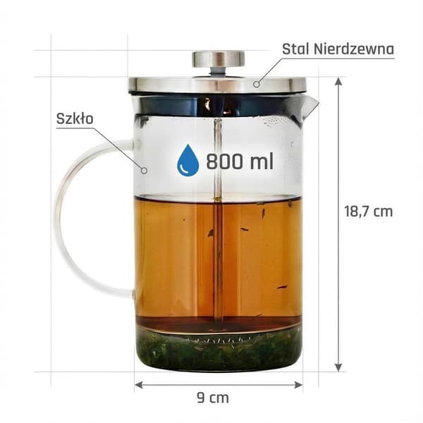 PISTON-INFUSER 800 ML SØLVKANDE TIL KAFFE OG TE Ø9 CM