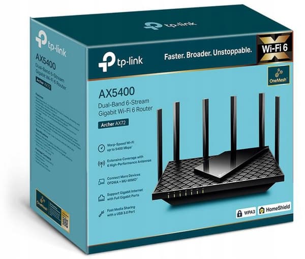 TP-LINK Archer AX72 AX5400 WiFi-router, DualBand, Sort