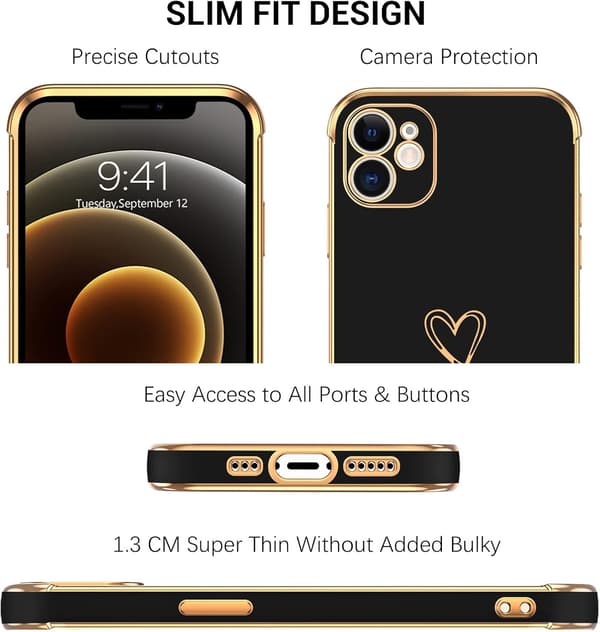 APPLE IPHONE 12 SILIKONE ETUI SORT GYLDEN HJERTE GLAMOUR A2172