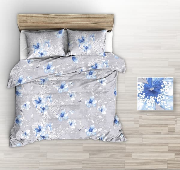 Bäddset av bark 160x200 grå med stora blå tecknade blommor