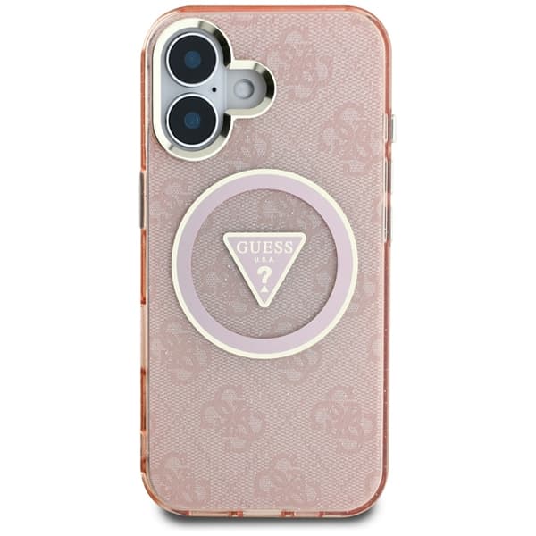 Guess IML Metal Glitter 4G Circle Triangle MagSafe - Etui til iPhone 16 (Pink)