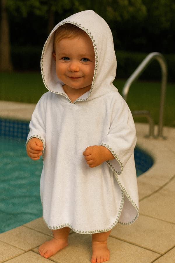 Børnekappe 86-104 håndklæde med HÆTTE, poncho til pool, strand, HVID