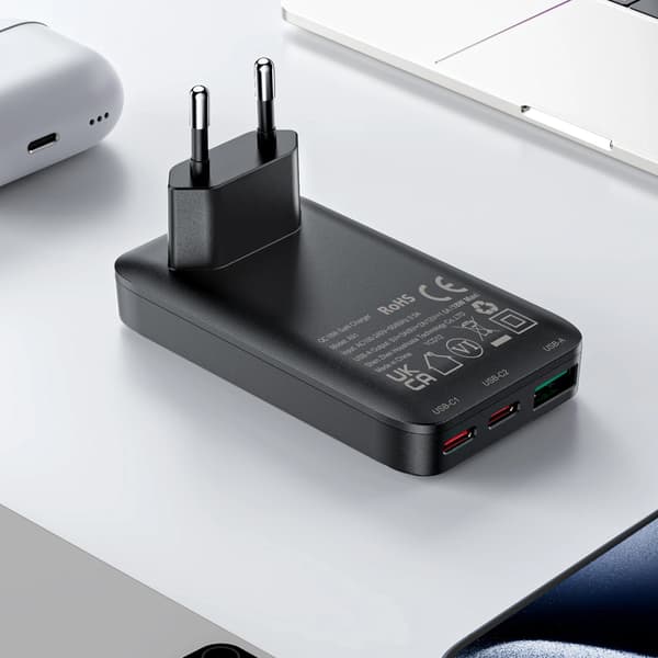 Acefast A100 65W GaN 2 USB-C+ USB-A Ultra Slim Oplader - Sort