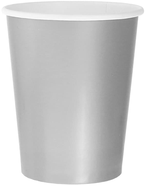 Silverfärgade födelsedagsmuggar av papper 250ml 8 st.