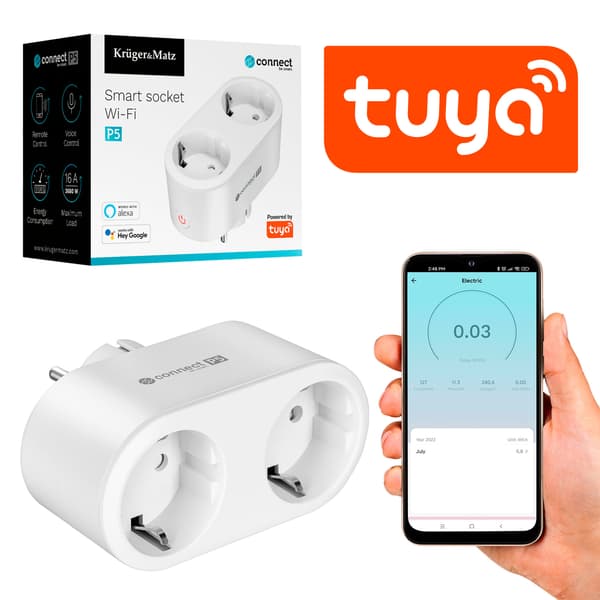 Kruger og Matz Connect P5 intelligent dobbelt stikkontakt WiFi Tuya programmør