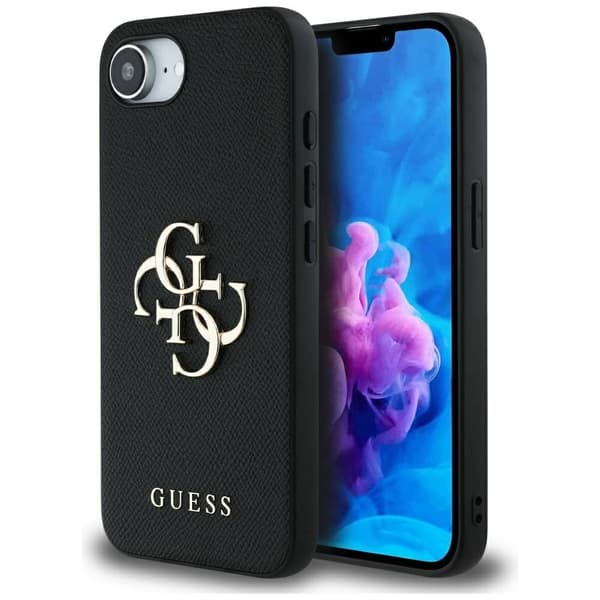 Guess Grained Big 4G Logo Small Classic Logo -suojakuori iPhone 16e:lle, musta