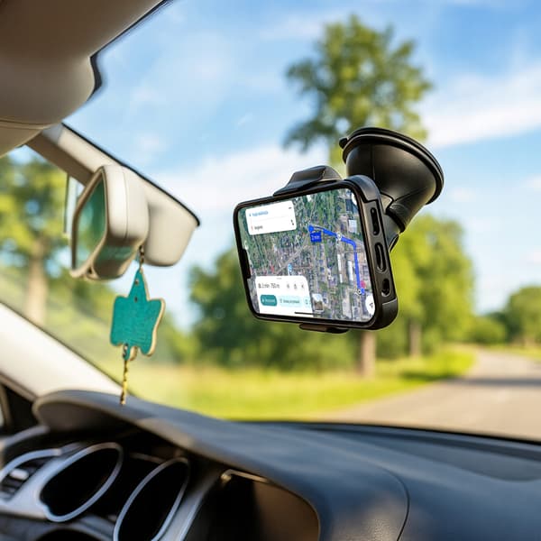 Musta imukupilla varustettu puhelinpidike autoon ohjaamoon