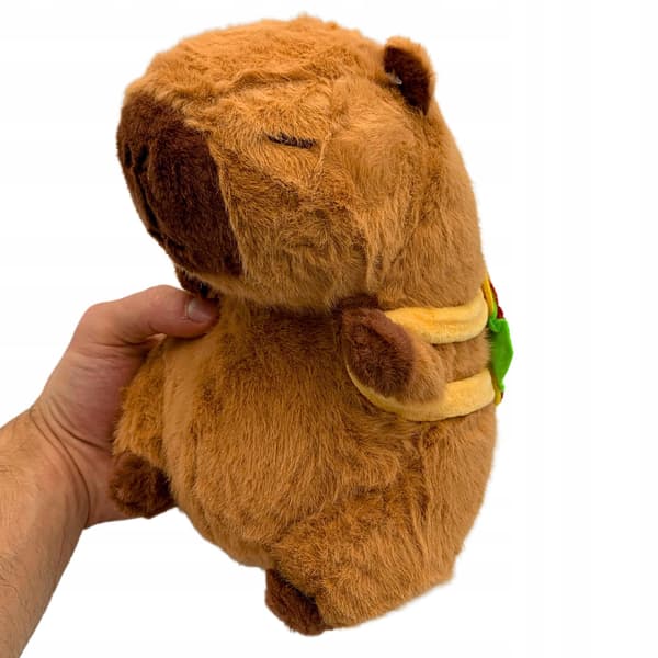 Kapybara-pehmolelu repulla ja hampurilaispehmolelulla 25 cm