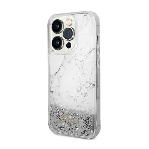 Guess Liquid Glitter Marble - iPhone 14 Pro Max-skal (vitt)