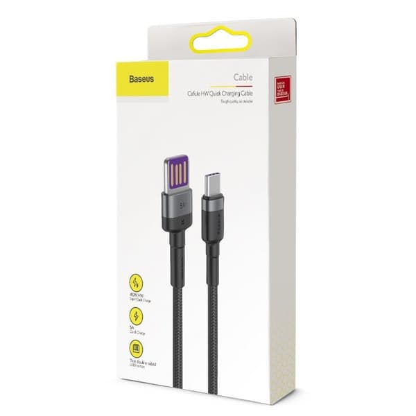 Baseus Cafule Huawei SuperCharge USB til USB-C Kabel, QC 3.0, 5A 1m (Sort-Grå)