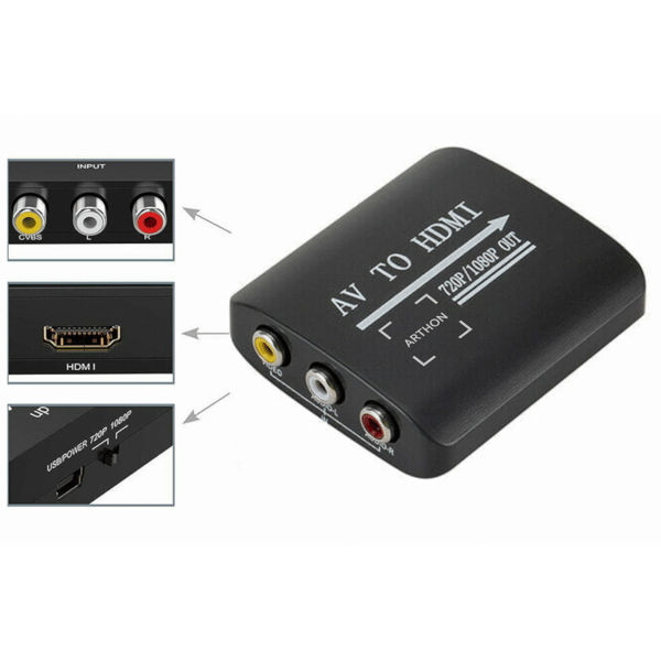 AV CVBS 3x RCA - HDMI -muunnin musta