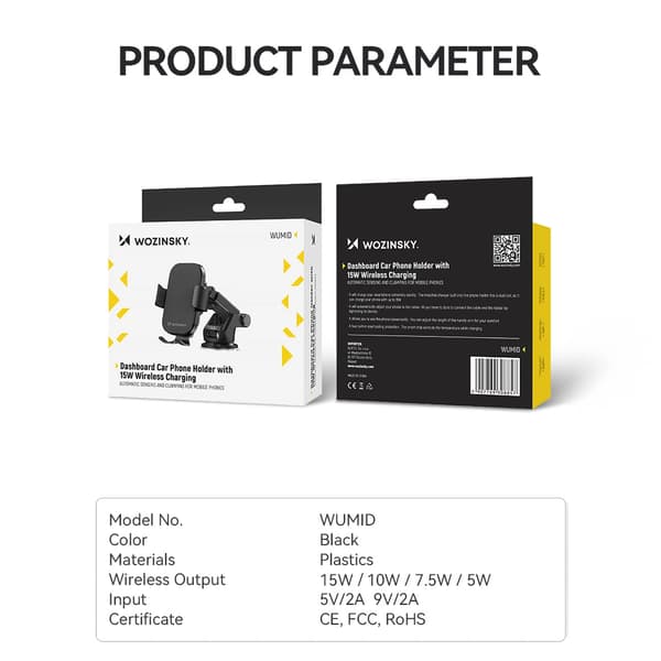 Wozinsky WUMID Bilholder til Dashboard med 15W Induktiv Oplader - Sort