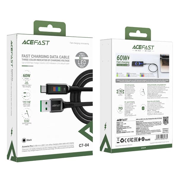 Acefast C7-04 USB-A USB-C 60W 1,2m Kabel med Skærm - Sort