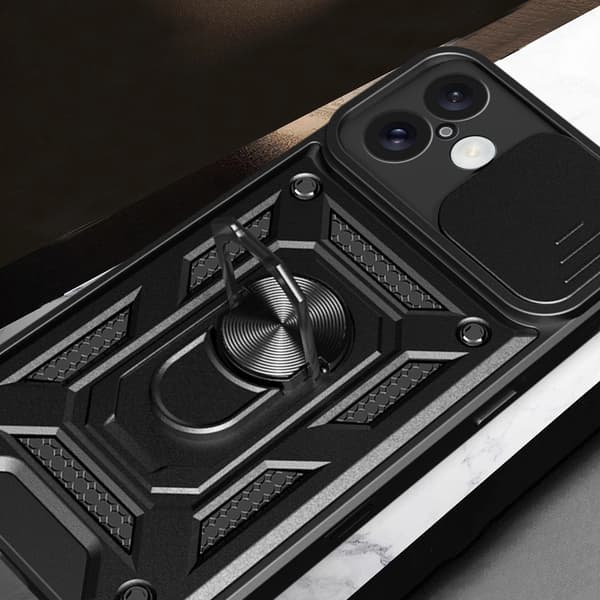 Hybrid Armor Camshield-cover til iPhone 16 Plus med kameracover og stativ - sort