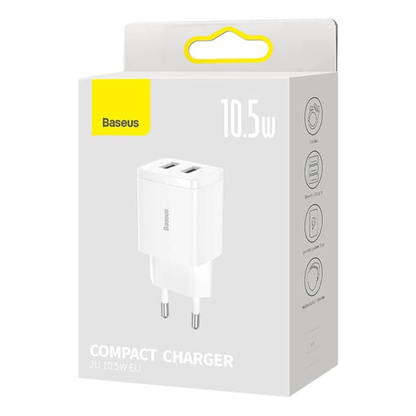 Baseus Kompakt Hurtigoplader, 2x USB, 10,5W (hvid)
